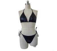Damen-Bikini-Set aus Lackleder, Neckholder, zweiteiliger Badeanzug, Glitzer, Partykleidung, Sommer, Urlaub, S-XL (schwarz, S)