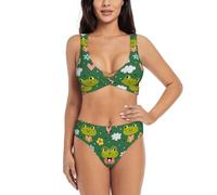 Damen-Bikini-Set mit niedlichem Cartoon-Frosch-Muster, hohe Taille, zweiteiliger Badeanzug, Schwarz , L