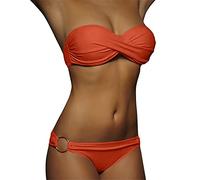 Damen Bikini Set Twist Push Up Bandeau Badeanzug Abnehmbare Träger Einfarbig Zweiteiler Badeanzug Bademode Swimsuit Tupfen Drucken Schulterfrei Zweiteiliger Bademode Bikinis für Damen(1-Orange, S)