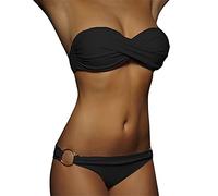 Damen Bikini Set Twist Push Up Bandeau Badeanzug Abnehmbare Träger Einfarbig Zweiteiler Badeanzug Bademode Swimsuit Tupfen Drucken Schulterfrei Zweiteiliger Bademode Bikinis für Damen(1-Black, S)