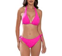 Damen-Bikini-Set, zweiteilig, sexy, strukturiert, Neckholder, gepolsterter Bikini, Badeanzüge, seitliche Bindung, Tanga-Unterteil, C-pink, Large