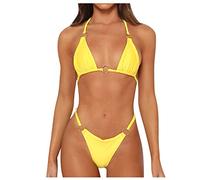 Damen Bikini Sets Spaghettiträger Swimwear Hoher Ausschnitt Tanga High Waist Bademode Zweiteiliger Swimsuits mit Ring Damen Push Up Bikini Set,Gelb,M