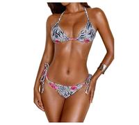 Damen-Bikini, Y2K, 2-teilig, Geparden-Blumen-Badeanzug, Halfter, Dreiecksbindung, Seitenschnur, Bikini-Set, Rosa / Grün, S