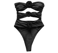 Damen-Bikinis, Damen-Badeanzug, hohe Taille, modisch, 1 Stück, einfarbig, Badeanzug, weiblich, 3D-Blumen-Bandeau-Bademode, Strandmode, Schwarz , Small/Large