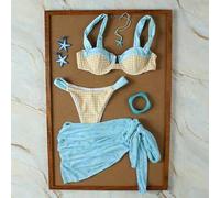 Damen Blau Karomuster Blumen Binden Frisch Strand Resort 3-teiliges Badeanzug Set, Sommer 2026, Damen Geburtstags Outfit, Damen Fitness Tragen, Damen