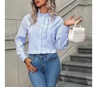 Damen Blau & Weiß gestreifte Rüschen Kragen Offene Vorderseite Rüschen Saum Taillierte Hochwertige Elegante Lehrer/Büro Bluse, Herbst Neue Mode Essent
