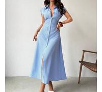 Damen Blau & Weiß gestreiftes Puffärmel A-Linien Midi Kleid, Bindegürtel Hemdkleid, Lässiges Pendler Kragen Kleid, Tailliert gestreifter Büro Midi Roc