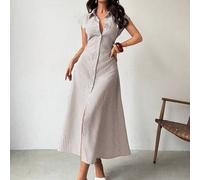 Damen Blau & Weiß gestreiftes Puffärmel A-Linien Midi Kleid, Bindegürtel Hemdkleid, Lässiges Pendler Kragen Kleid, Tailliert gestreifter Büro Midi Roc