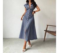 Damen Blau & Weiß gestreiftes Puffärmel A-Linien Midi Kleid, Bindegürtel Hemdkleid, Lässiges Pendler Kragen Kleid, Tailliert gestreifter Büro Midi Roc