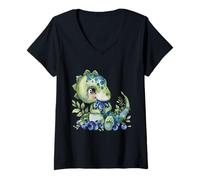 Damen Blaubeer-Dinosaurier-Blaubeerfrucht-Zeichnung T-Rex Tierkunst T-Shirt mit V-Ausschnitt