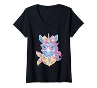 Damen Blaue Einhorn-Porträt-Brille mit Tierliebhaber-Grafik, rosa T-Shirt mit V-Ausschnitt