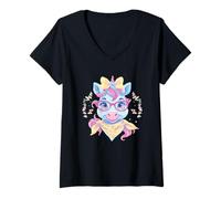 Damen Blaue Einhorn-Porträt-Brille mit Tierliebhaber-Grafik, rosa T-Shirt mit V-Ausschnitt