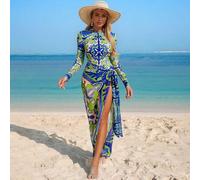 Damen Blaue & Grüne Allover-Muster Reißverschluss Lange Ärmel Überzug, bedruckter Chiffon Sarong Rock mit Schleife, Bikini Set, Frühling/Sommer