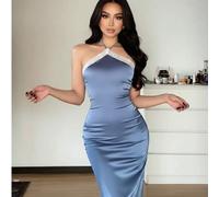 Damen Blaues Satin Trägerkleid in Midi-Länge, elegantes Spitzenbesatz rückenfreies Sommerkleid, geeignet für Valentinstag, Dates, Hochzeitsgäste, Part