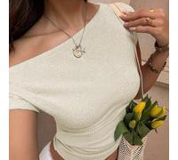 Damen Blaues strukturiertes Strick Off-Shoulder Kurzarm Tailliert Sommer T-Shirt, sexy & süßer europäischer und amerikanischer Urlaubsstil