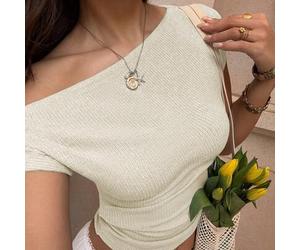 Damen Blaues strukturiertes Strick Off-Shoulder Kurzarm Tailliert Sommer T-Shirt, sexy & süßer europäischer und amerikanischer Urlaubsstil