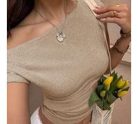 Damen Blaues strukturiertes Strick Off-Shoulder Kurzarm Tailliertes Sommer T-Shirt, Sexy & Süß Europäischer und Amerikanischer Resort Stil