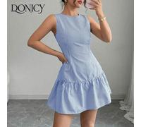 Damen blaues & weißes gestreiftes lässiges ärmelloses Kleid mit gerüschtem Saum, modisches Crew-Neck Sommerkleid geeignet für Dates, Einkaufen, Partys