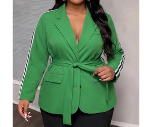 Damen-Blazer in Große Größen, grün, mit 3 Streifen an der Seite und Gürtel in der Taille, Büro-Anzugjacke in Große Größen