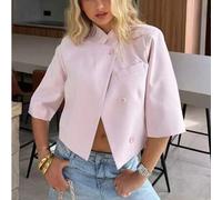 Damen-Blazer in Rosa, kurz, mit halben Ärmeln, asymmetrischem Saum, Knopfdetail, aus gewebtem Stoff, geeignet für Frühjahr und Sommer, modisch und mod