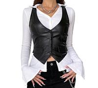 Damen-Blazer mit Knopfleiste aus PU-Leder, Weste, Neckholder, elegant, Punk, Korsett, V-Ausschnitt, ärmellos, Y2K Weste, Jacke, Schwarz , 38