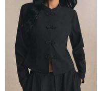 Damen-Blazer mit Stehkragen in Schwarz, Vintage-Anzug mit chinesischen Froschknöpfen, schicker schmal geschnittener Mantel, formelle Arbeitskleidung