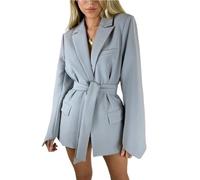 Damen-Blazer mit Wickelfront und Gürtel, 2024, langärmelig, Revers, vorne offen, übergroß, Business, Arbeit, Büro, Jacken, Blazer mit Gürtel(Farbe:Gray,Größe:M)