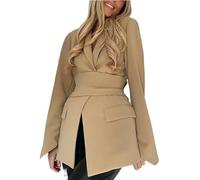 Damen-Blazer mit Wickelfront und Gürtel, 2024, langärmelig, Revers, vorne offen, übergroß, Business, Arbeit, Büro, Jacken, Blazer mit Gürtel(Farbe:Khaki,Größe:L)