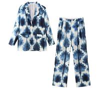 Damen-Blazer-Sets, Batik, dünn, Seide, weich, langärmelig, OL-Jacke, weites Bein, Print, Hosen-Sets