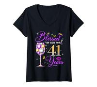 Damen Blessed by God for 41 Years Old Women 41st Birthday Queen T-Shirt mit V-Ausschnitt