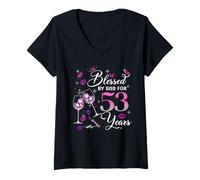 Damen Blessed by God for 53 Years Old Women 53rd Birthday Queen T-Shirt mit V-Ausschnitt