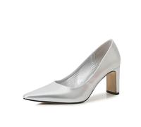 Damen Block High Heels Geschlossene Pumps mit spitzer Spitze, Büroschuhe für Damen, Modische Abendparty-Pumps Basic-Schuhe,Silber,44 EU