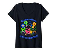 Damen Bloom Where You're Planted Süßes Froschblumen-Design T-Shirt mit V-Ausschnitt