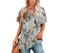 Damen Blühende Baumzweige, Schmetterlinge Und Vögel T Shirt Sommer V-Ausschnitt Kurzarm Oberteile Traditionelle Asiatische Ästhetik Lose Basic T-Shirts Tunika Tee Tops, Hellgrau