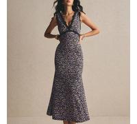 Damen Blumen Kontrast Schwarz Spitze V-Ausschnitt Ärmellos Slim Fit Fischschwanz Saum Elegantes Kleid, Blumenkleid, Valentinstag Kleid, Damen Lässig K