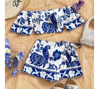 Damen Blumen-Muster Off-Shoulder Kurzarm Bluse und Skort Mode 2-teiliges Set