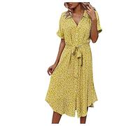 Damen Blumen Sommerkleid Knopf Kurzarm V-Ausschnitt Lose Knielang Kleid High Waist Midi-Hemdkleid Strandkleider Polka Dots Knopfkleid Langarmkleid