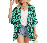 Damen Blumendruck Puffärmel Kimono Cardigan Loose Cover Up Casual Bluse Tops, Schwarzes Kleeblatt, X-Groß