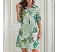 Damen Blumenmuster Langarm Einreiher Lässig Hemd Midi Kleid Sommerkleider für Frauen