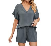 Damen Bluse 2 Teiliges Kurzarm Top Shorts Set Einfarbig V-Ausschnitt Pyjama Set Locker Kurzarm Top mit Kordelzug Taschen Kurze Hosen Solide Bequemes Hemd Bluse für Teenager Mädchen