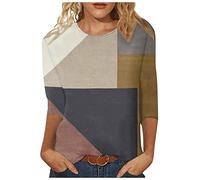 Damen Bluse 3/4 Ärmel Oberteile Lässige Farbblock Patchwork Tshirt 2023 Tunika Shirt Sommer Pullover mit Rundhalsausschnitthals Tops Longbluse All Match T-Shirt Locker Blusentops für Outdoor