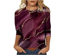 Damen Bluse 3/4 Ärmel Oberteile Lässige Marmordruck Tshirt 2023 Tunika Shirt Sommer Pullover Tops mit Rundhals Longbluse Blusen & Tuniken für Damen Locker T-Shirt Sportbekleidung für Outdoor