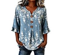 Damen Bluse 3/4 Arm Shirt Elegant Sommer Blumen Oberteile Rüschen Sommershirts Blusenshirt Damenblusen Lässig Tunika Tops Marine XL