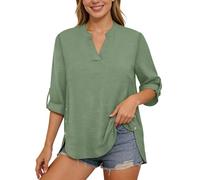 Damen Bluse 3/4 Arm Shirt Sommer Leinenbluse Elegant Oberteile Top Oversized Baumwolle Leinen T-Shirt Casual V Ausschnitt Tunika Tops Leicht Luftige Musselin Bluse Damenbluse mit Knopf (Grün, L)