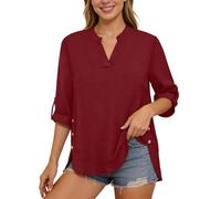 Damen Bluse 3/4 Arm Shirt Sommer Leinenbluse Elegant Oberteile Top Oversized Baumwolle Leinen T-Shirt Casual V Ausschnitt Tunika Tops Leicht Luftige Musselin Bluse Damenbluse mit Knopf (Red, XL)