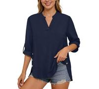 Damen Bluse 3/4 Arm Shirt Sommer Leinenbluse Elegant Oberteile Top Oversized Baumwolle Leinen T-Shirt Casual V Ausschnitt Tunika Tops Leicht Luftige Musselin Bluse Damenbluse mit Knopf (Navy, S)