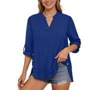 Damen Bluse 3/4 Arm Shirt Sommer Leinenbluse Elegant Oberteile Top Oversized Baumwolle Leinen T-Shirt Casual V Ausschnitt Tunika Tops Leicht Luftige Musselin Bluse Damenbluse mit Knopf (Blue, XL)