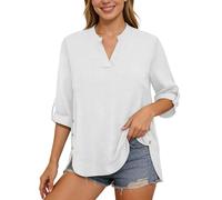Damen Bluse 3/4 Arm Shirt Sommer Leinenbluse Elegant Oberteile Top Oversized Baumwolle Leinen T-Shirt Casual V Ausschnitt Tunika Tops Leicht Luftige Musselin Bluse Damenbluse mit Knopf (Weiß, XXL)