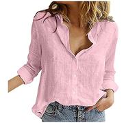 Damen-Bluse aus Baumwoll-Leinen, Knopfleiste, langärmelig, V-Ausschnitt, Business-Hemden, Frühling-Sommer-Outfits 2025, Rosa, L