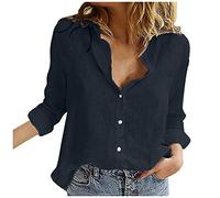 Damen-Bluse aus Baumwoll-Leinen, Knopfleiste, langärmelig, V-Ausschnitt, Business-Hemden, Frühling-Sommer-Outfits 2025, Schwarz, S